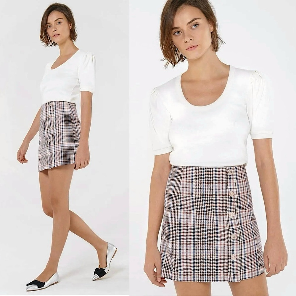 VERONICA BEARD Houndstooth Plaid Cotton Tweed High Waist Side Button Skirt 6